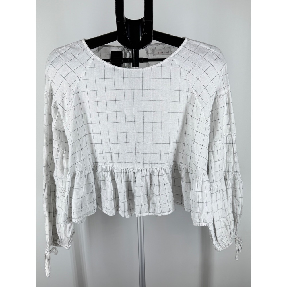Mustard Seed White Windowpane Grid Crop Top Long Sleeve Peplum Open Back M‎